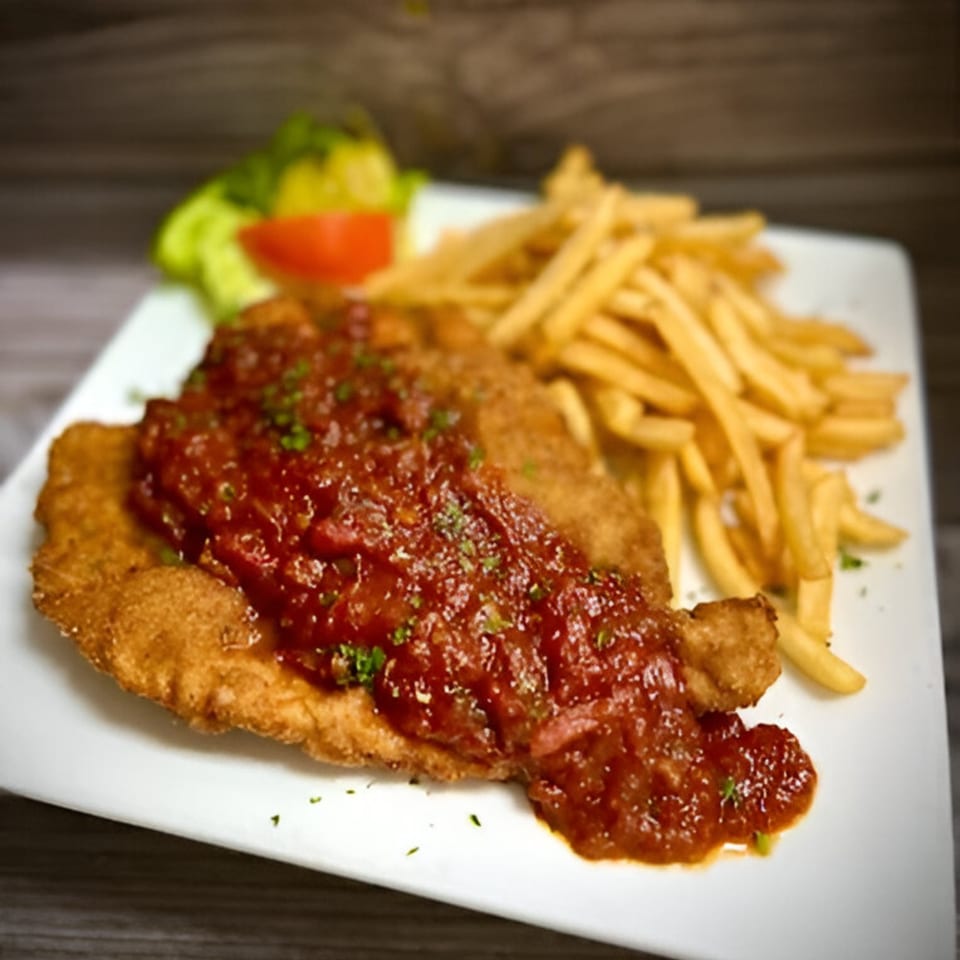 Chicken parmesan with marinara sauce, french fries, and a side salad on a white plate.