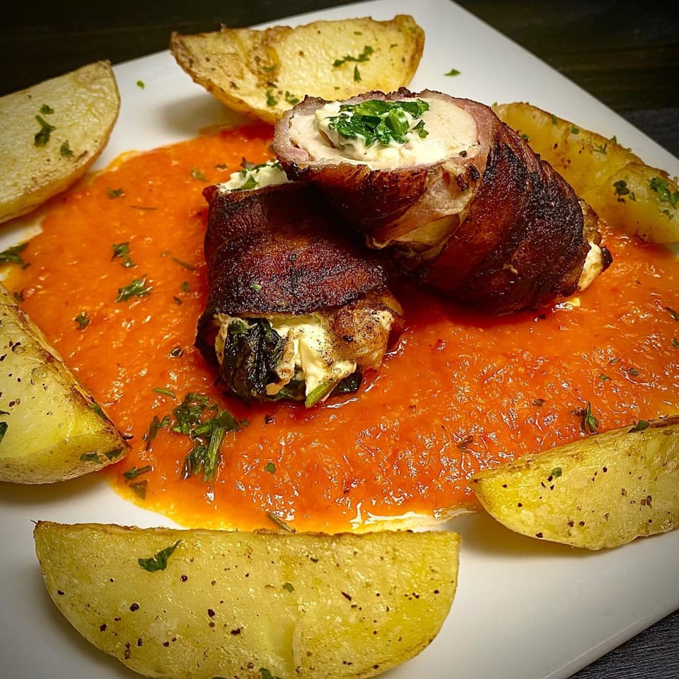 Bacon-wrapped chicken with creamy filling, served on a bed of red sauce with potato wedges.